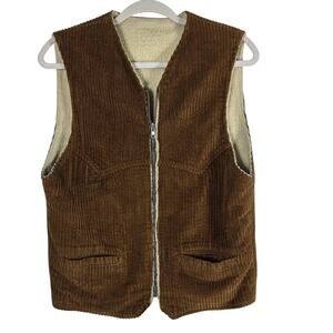 Vintage 60s Corduroy Sherpa Lined Vest Men Small Brown Zip Classic Western Rodeo
